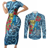 Personalised New Zealand Father's Day Couples Matching Short Sleeve Bodycon Dress and Long Sleeve Button Shirt Best Dad Trophy Red Rose Maori Pattern LT22 Blue - Polynesian Pride