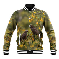 New Zealand Kaka Bird Baseball Jacket Kowhai Flower Landscape Style LT22 Unisex Green - Polynesian Pride
