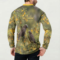 New Zealand Kaka Bird Button Sweatshirt Kowhai Flower Landscape Style