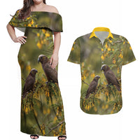 New Zealand Kaka Bird Couples Matching Off Shoulder Maxi Dress and Hawaiian Shirt Kowhai Flower Landscape Style