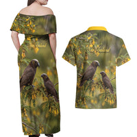 New Zealand Kaka Bird Couples Matching Off Shoulder Maxi Dress and Hawaiian Shirt Kowhai Flower Landscape Style