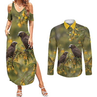 New Zealand Kaka Bird Couples Matching Summer Maxi Dress and Long Sleeve Button Shirt Kowhai Flower Landscape Style