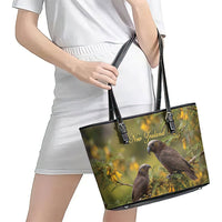 New Zealand Kaka Bird Leather Tote Bag Kowhai Flower Landscape Style LT22 - Polynesian Pride
