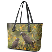 New Zealand Kaka Bird Leather Tote Bag Kowhai Flower Landscape Style LT22 - Polynesian Pride