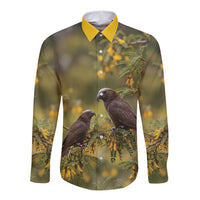 New Zealand Kaka Bird Long Sleeve Button Shirt Kowhai Flower Landscape Style LT22 Unisex Green - Polynesian Pride