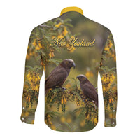 New Zealand Kaka Bird Long Sleeve Button Shirt Kowhai Flower Landscape Style LT22 - Polynesian Pride