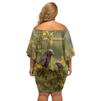 New Zealand Kaka Bird Off Shoulder Short Dress Kowhai Flower Landscape Style