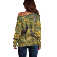 New Zealand Kaka Bird Off Shoulder Sweater Kowhai Flower Landscape Style