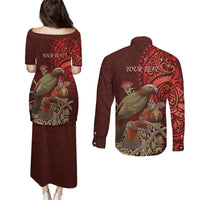 New Zealand Kaka Bird Personalised Couples Matching Puletasi and Long Sleeve Button Shirt Pohutukawa Matariki Maori Pattern