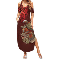 New Zealand Kaka Bird Personalised Summer Maxi Dress Pohutukawa Matariki Maori Pattern LT22 Women Red - Polynesian Pride