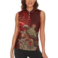 New Zealand Kaka Bird Personalised Women Sleeveless Polo Shirt Pohutukawa Matariki Maori Pattern