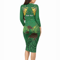 Personalised South Canterbury Anniversary Day Long Sleeve Bodycon Dress Kiwi Kowhai Silver Fern Maori Pattern LT22 - Polynesian Pride
