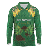 Personalised South Canterbury Anniversary Day Long Sleeve Polo Shirt Kiwi Kowhai Silver Fern Maori Pattern LT22 Green - Polynesian Pride