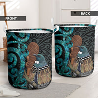 New Zealand Tui Bird Wahaika Laundry Basket Maori Weapon Paua Shell Koru Pattern