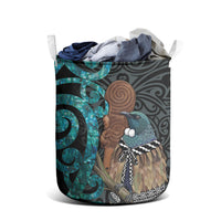 New Zealand Tui Bird Wahaika Laundry Basket Maori Weapon Paua Shell Koru Pattern