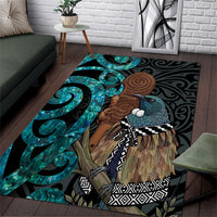 New Zealand Tui Bird Wahaika Area Rug Maori Weapon Paua Shell Koru Pattern