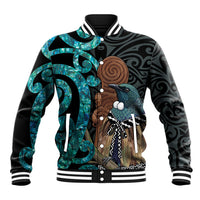 New Zealand Tui Bird Wahaika Baseball Jacket Maori Weapon Paua Shell Koru Pattern