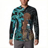 New Zealand Tui Bird Wahaika Button Sweatshirt Maori Weapon Paua Shell Koru Pattern