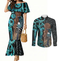 New Zealand Tui Bird Wahaika Couples Matching Mermaid Dress and Long Sleeve Button Shirt Maori Weapon Paua Shell Koru Pattern