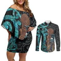 New Zealand Tui Bird Wahaika Couples Matching Off Shoulder Short Dress and Long Sleeve Button Shirt Maori Weapon Paua Shell Koru Pattern