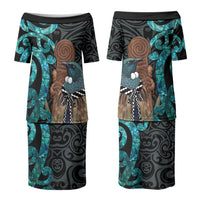 New Zealand Tui Bird Wahaika Couples Matching Puletasi and Long Sleeve Button Shirt Maori Weapon Paua Shell Koru Pattern