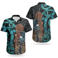 New Zealand Tui Bird Wahaika Couples Matching Short Sleeve Bodycon Dress and Hawaiian Shirt Maori Weapon Paua Shell Koru Pattern