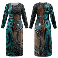 New Zealand Tui Bird Wahaika Family Matching Long Sleeve Bodycon Dress and Hawaiian Shirt Maori Weapon Paua Shell Koru Pattern