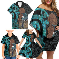 New Zealand Tui Bird Wahaika Family Matching Off Shoulder Short Dress and Hawaiian Shirt Maori Weapon Paua Shell Koru Pattern
