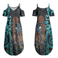 New Zealand Tui Bird Wahaika Family Matching Summer Maxi Dress and Hawaiian Shirt Maori Weapon Paua Shell Koru Pattern