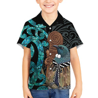 New Zealand Tui Bird Wahaika Kid Hawaiian Shirt Maori Weapon Paua Shell Koru Pattern