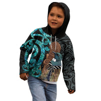 New Zealand Tui Bird Wahaika Kid Hoodie Maori Weapon Paua Shell Koru Pattern