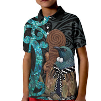New Zealand Tui Bird Wahaika Kid Polo Shirt Maori Weapon Paua Shell Koru Pattern
