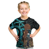 New Zealand Tui Bird Wahaika Kid T Shirt Maori Weapon Paua Shell Koru Pattern