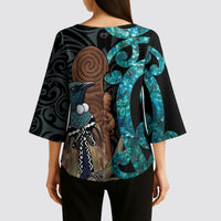New Zealand Tui Bird Wahaika Kimono Sleeve Blouse Maori Weapon Paua Shell Koru Pattern