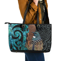 New Zealand Tui Bird Wahaika Leather Tote Bag Maori Weapon Paua Shell Koru Pattern