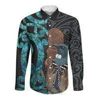 New Zealand Tui Bird Wahaika Long Sleeve Button Shirt Maori Weapon Paua Shell Koru Pattern LT22 Unisex Black - Polynesian Pride