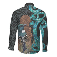 New Zealand Tui Bird Wahaika Long Sleeve Button Shirt Maori Weapon Paua Shell Koru Pattern LT22 - Polynesian Pride