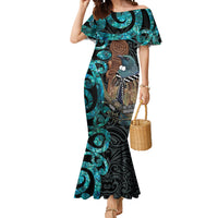 New Zealand Tui Bird Wahaika Mermaid Dress Maori Weapon Paua Shell Koru Pattern