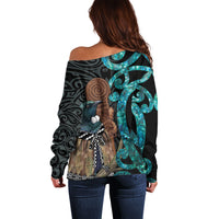 New Zealand Tui Bird Wahaika Off Shoulder Sweater Maori Weapon Paua Shell Koru Pattern
