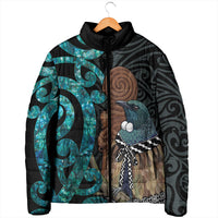 New Zealand Tui Bird Wahaika Padded Jacket Maori Weapon Paua Shell Koru Pattern