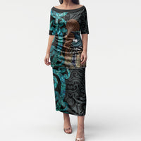 New Zealand Tui Bird Wahaika Puletasi Maori Weapon Paua Shell Koru Pattern LT22 Long Dress Black - Polynesian Pride