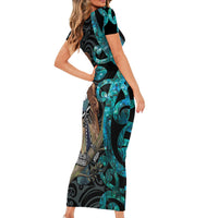 New Zealand Tui Bird Wahaika Short Sleeve Bodycon Dress Maori Weapon Paua Shell Koru Pattern