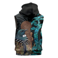 New Zealand Tui Bird Wahaika Sleeveless Hoodie Maori Weapon Paua Shell Koru Pattern