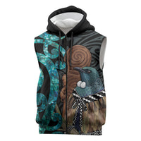 New Zealand Tui Bird Wahaika Sleeveless Zip Hoodie Maori Weapon Paua Shell Koru Pattern