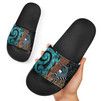 New Zealand Tui Bird Wahaika Slide Sandals Maori Weapon Paua Shell Koru Pattern