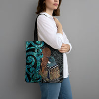 New Zealand Tui Bird Wahaika Tote Bag Maori Weapon Paua Shell Koru Pattern