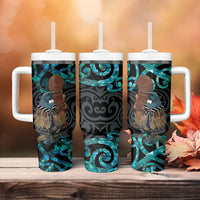 New Zealand Tui Bird Wahaika Tumbler With Handle Maori Weapon Paua Shell Koru Pattern