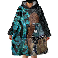 New Zealand Tui Bird Wahaika Wearable Blanket Hoodie Maori Weapon Paua Shell Koru Pattern