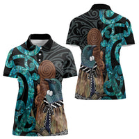 New Zealand Tui Bird Wahaika Women Polo Shirt Maori Weapon Paua Shell Koru Pattern
