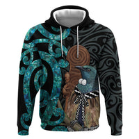 New Zealand Tui Bird Wahaika Zip Hoodie Maori Weapon Paua Shell Koru Pattern